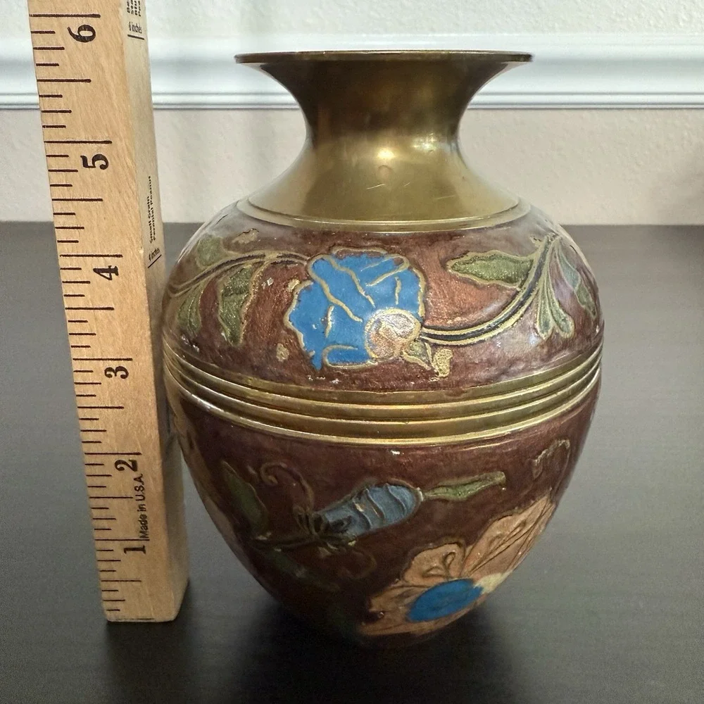 Vintage Brass Vase Floral‎ Design Enameled Hand Painted Flowers India Bud Vase